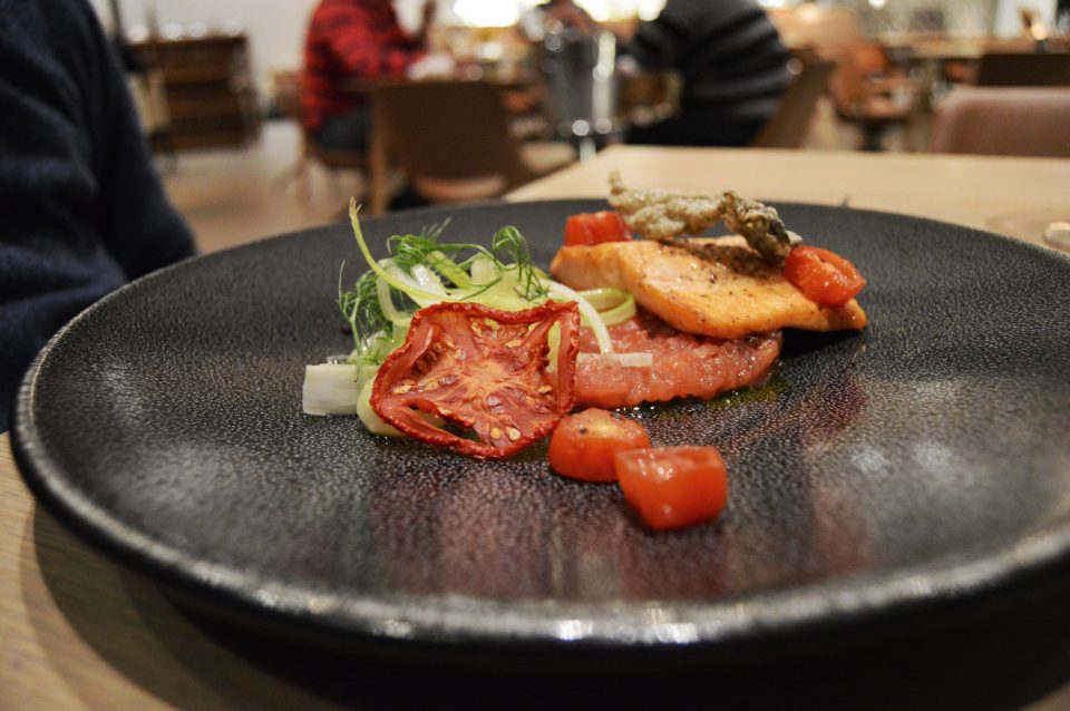 Du Toitskloof Salmon on compressed tomato At Cavalli Wine Estate